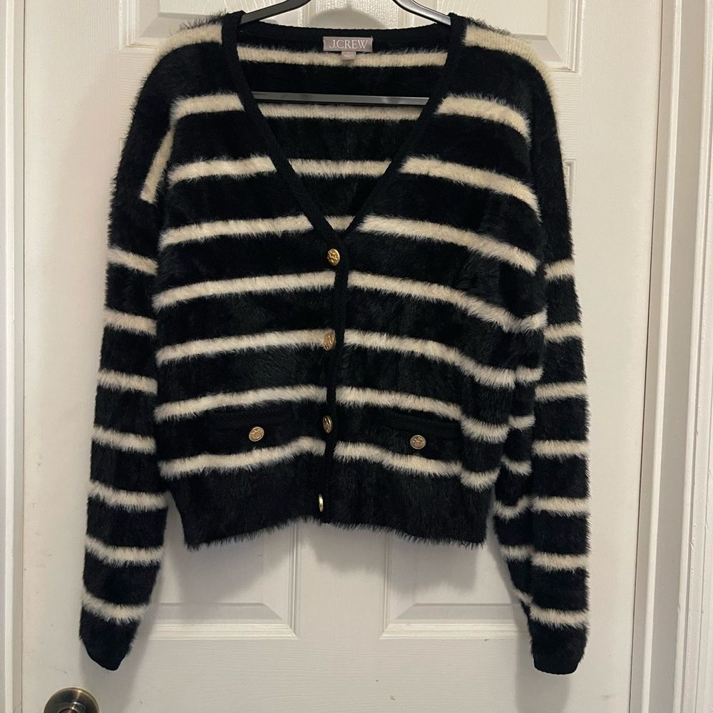 J. CREW Sweater Lady Jacket Cardigan - Black Ivory Striped Brushed Yarn - Sz S